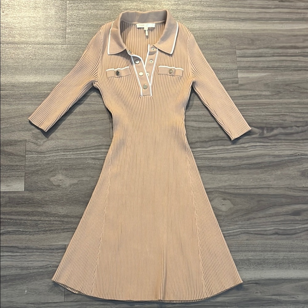 Maje Ribbed Knit Polo Dress Camel